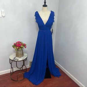 # Basix Royal Blue Plunging Neckline Ruffled Shoulder Gown New With Tag- Reemoly